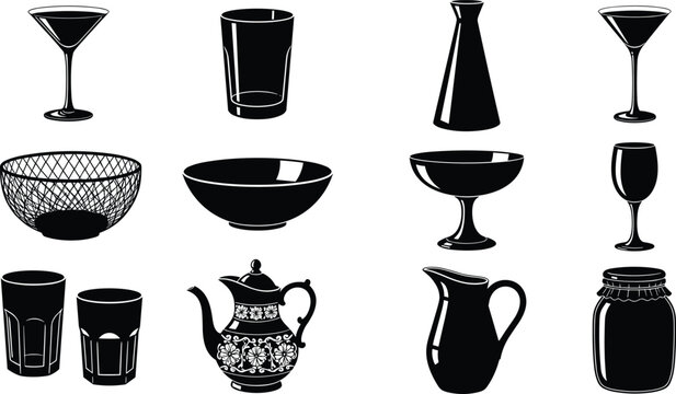 Vector collection of kitchenware silhouettes including martini glasses, bowls, teapot, pitcher, jar, and vases for restaurant menu and home decor design