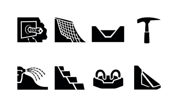 Cliff stabilization engineering: rock anchor bolt plate, mesh drapery net curtain, catch ditch trench line, scaling hammer pick tool, shotcrete contour spray arc, slope bench cut