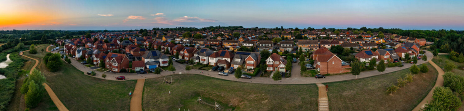 A panoramic aerial view of the Barton Seagrave housing development in Kettering, Northamptonshire, UK