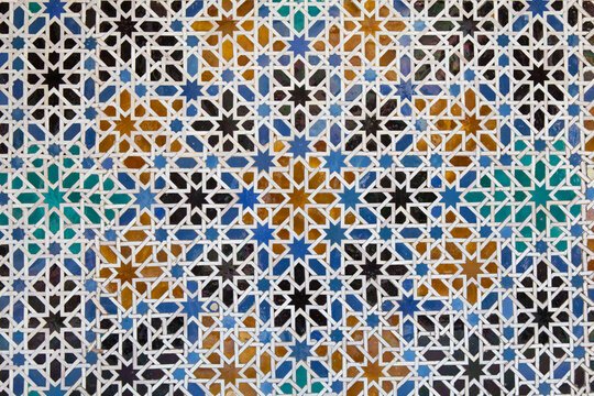 Geometric Alicatado Tile Mosaic with Interlocking Mud&eacute;jar Star Pattern, Seville, Spain
