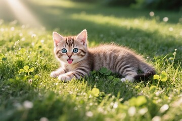 Fototapeta premium A cute and playful tabby kitten enjoys the warm sunshine while comfortably lounging on vibrant green grass