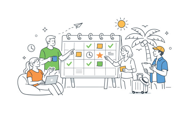 A workplace flexibility and time off management scene showing employees planning schedules and balancing availability together around a large calendar and a simple palm tree icon