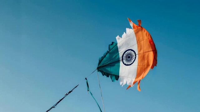 Indian flag kite flying high in a clear blue sky. Symbol of national pride and freedom. Celebration of Independence Day or Republic Day. Copy space