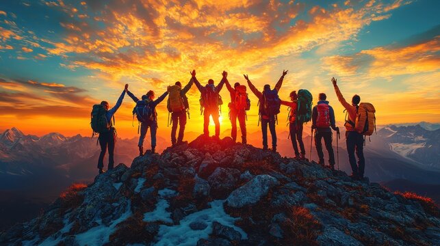 Climbers summit sunrise mountain victory