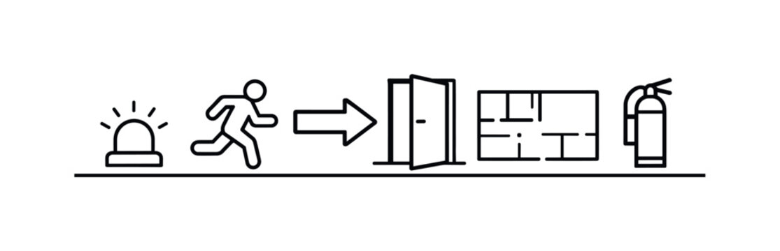 Fire escape route guidance and safety compliance highlighting visibility, direction, and preparedness for quick evacuation in workplaces and public facilities, running icon