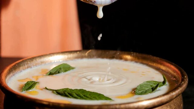 Pouring warm milk into a traditional brass bowl. Sacred offering preparation with fresh leaves for Ram Navami. Indian religious ritual and festival drink