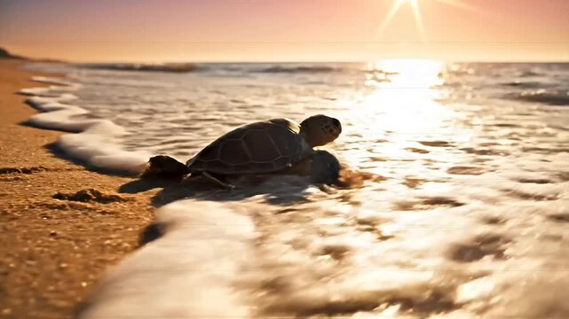 Baby Sea Turtle Hatchling Walking Towards Ocean at Sunset
