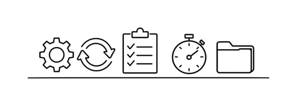 Workflow optimization and process improvement for eliminating inefficiencies and streamlining daily operations in a structured system, gear, arrow loop, checklist sheet, stopwatch