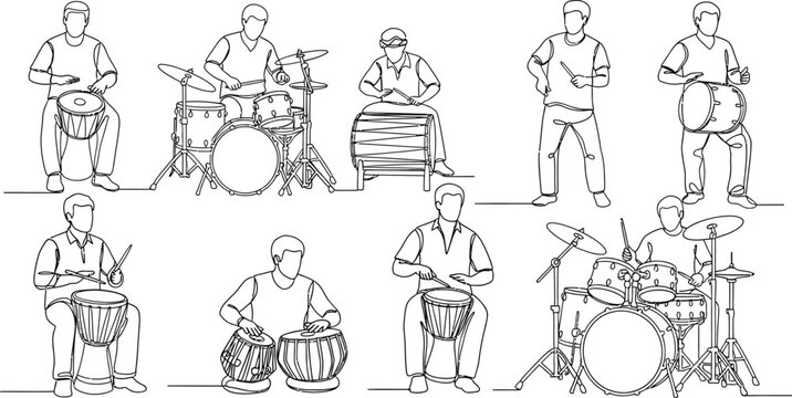 Drummers playing different drums and percussion