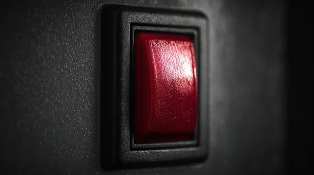 Close-up of a matte red single press panic switch in a black frame, a vital emergency control device.