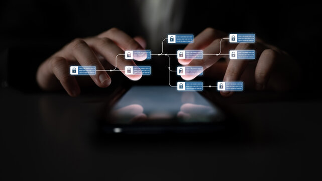 Blockchain structure showing distributed data blocks linked with encryption, representing secure transaction verification, decentralized control, and immutable record system Latch