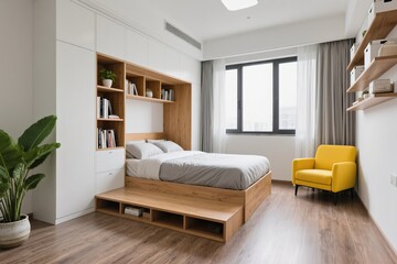Fototapeta premium A modern minimalist bedroom design that showcases a cozy reading nook, while allowing bright natural light to flow in