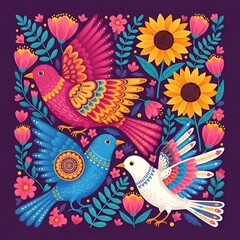 Fototapeta premium Three vibrantly colored folk art birds surrounded by bright floral designs on transparent background