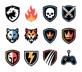 Obraz premium Set of twelve flat gaming featuring shields with dragon skull swords crown helmet lightning bolt claw marks and a game controller in black blue red and yellow colors