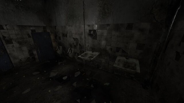 Dark chamber consumed by shadows and grime, uneven floor with scattered debris, faint wall textures hint at long neglect, claustrophobic mood perfect for horror