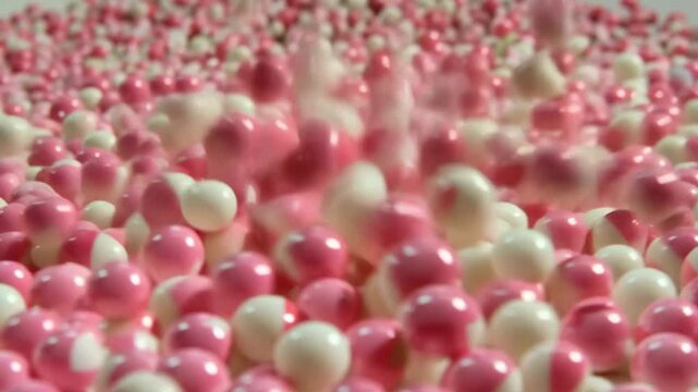 Pink and White Candy Balls Falling and Piling Up. Close up of many pink and white striped hard candy balls falling down and filling the frame in slow motion.