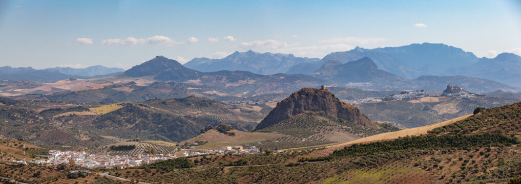 Panoramic view of Pruna and the Castillo de Hierro and Olvera in Andalusia, Spain