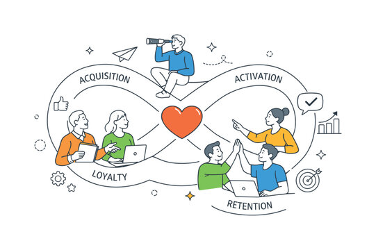 A customer lifecycle management and retention funnel scene showing a growth team nurturing users across stages together around a large lifecycle loop and a simple heart icon, using