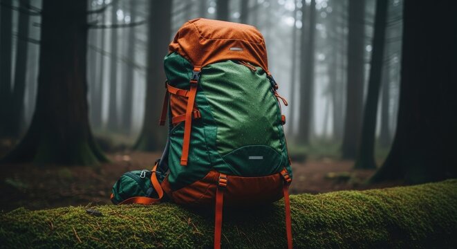 Orange and green backpack resting on mossy log in a dense forest