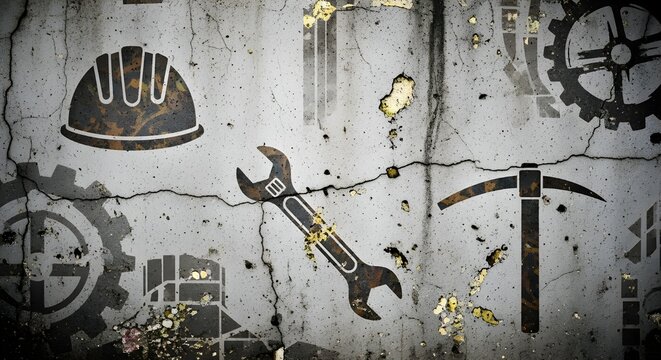 Concrete wall texture background with faded worker symbols, grunge style