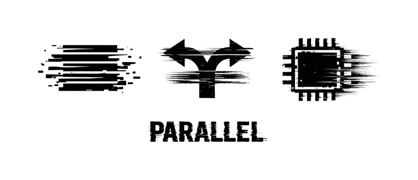 Digital concurrency and parallel processing theme, a set of three glitch-distorted monochrome objects arranged on a perfectly clean white background, each