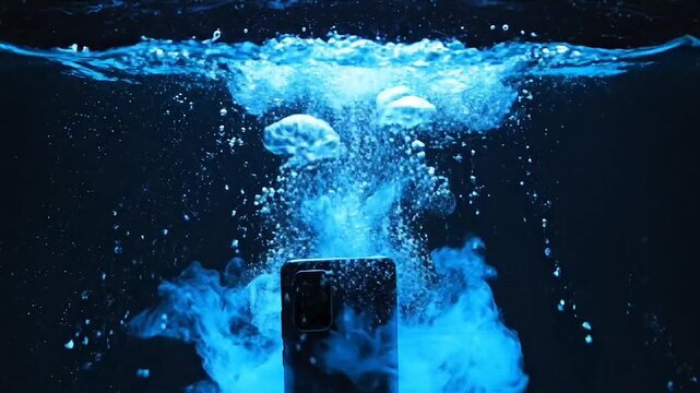 Waterproof Smartphone Dropping into Clear Blue Water with Bubbles and Splash