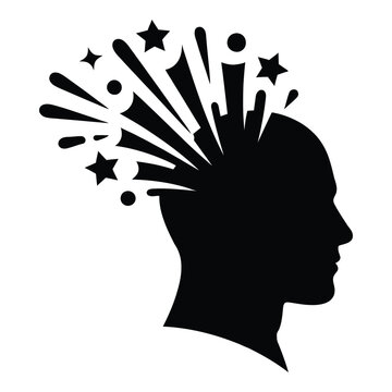 Silhouette of a person's head with a burst of abstract shapes and stars emanating, symbolizing creativity and ideas