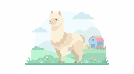 Fototapeta premium Cute Alpaca Standing in a Green Field with a Farm and Barn in the Background