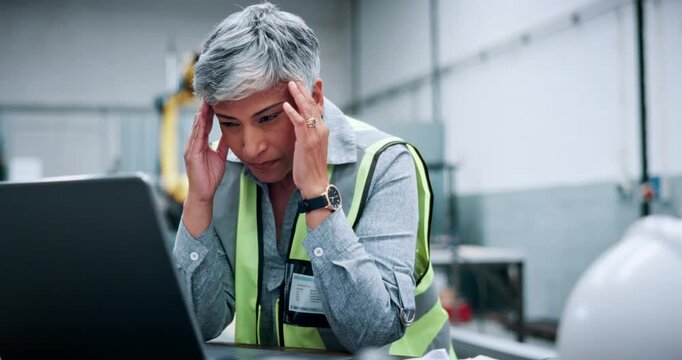 Woman, laptop and headache at factory for robotics with stress, review and programming for innovation. Mature person, pc and frustrated with migraine, chronic pain or fatigue at industrial warehouse