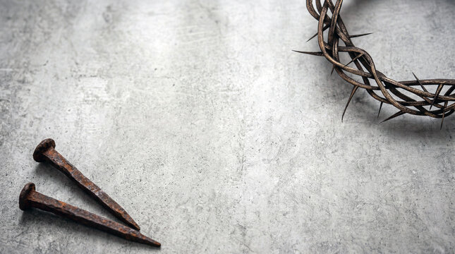 Crown of Thorns and Nails on Concrete &mdash; Good Friday Christian Symbolism