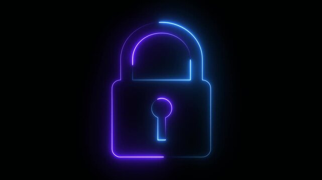 glowing neon light blue color security lock icon animation encryption privacy protection icon padlock privacy secret safety prevention neon effect sign symbol on black background