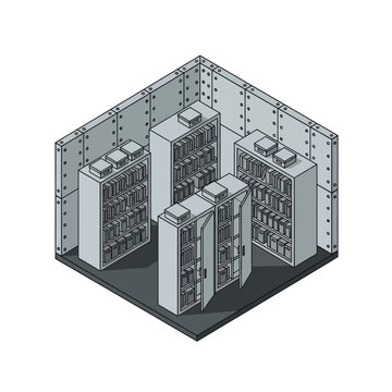 Isometric View of a Secure Server Room with Data Storage.