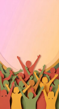 Group of paper-cut figures raising arms, in varied colors, on gradient background, showcasing unity, celebration, and positive expression, free space