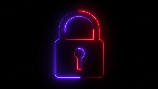glowing neon light blue color security lock icon animation encryption privacy protection icon padlock privacy secret safety prevention neon effect sign symbol on black background