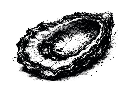 A cracked oyster shell shown in three-quarter perspective, angled so the layered, jagged edges and concave interior fill most of the frame, creating a rugged