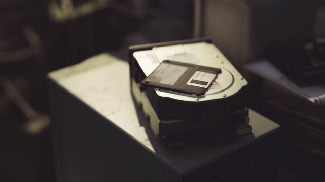 Stacked hard drives and floppy disk on dim workbench, nostalgic salvage scene with dust particles, warm lamp glow, shallow depth of field, tactile metal