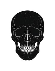 Obraz premium Black graphic depicting a frontal view of a human skull with visible teeth and eye sockets, set against a white background