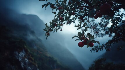 Fototapeta premium Ripening Apples on a Branch Overlooking a Misty Mountain Valley Orchard