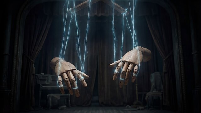 A darkened room features two puppets suspended by strings with electric blue lightning emanating