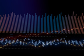 Naklejka premium Graph shows data trends with colorful lines and bars in a digital format during the night hours