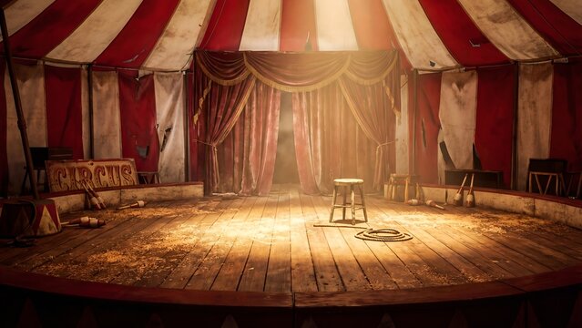 A dimly lit empty circus stage with a chair, curtain, and spotlight on wooden flooring