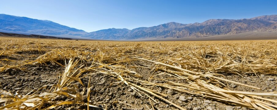 Low angle view across dry straw stubble on arid ground toward distant blue mountains under clear sky