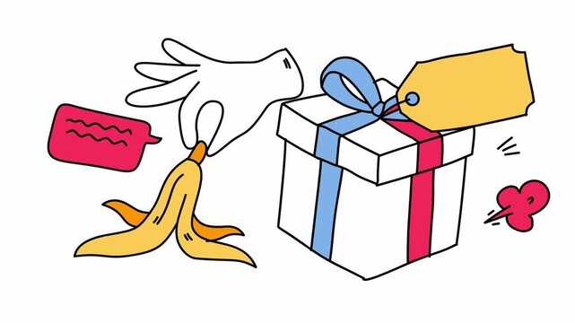 Hand reaching for gift box with banana peel prank surprise