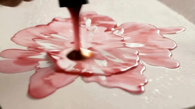 Pink liquid or nail polish pouring and spreading into a flower shape on paper.