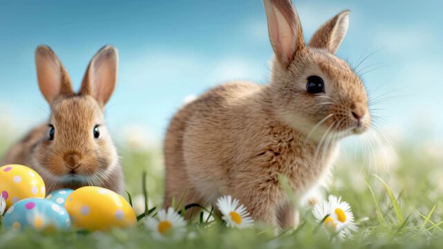 Cute rabbits sit on grass with colorful eggs and flowers in spring setting