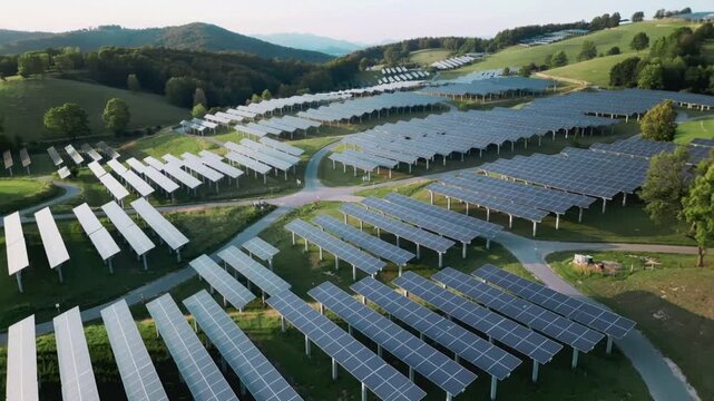 Solar panels arrayed in rows on a hillside with green landscape and mountains in the background featuring renewable energy, green energy, solar farm