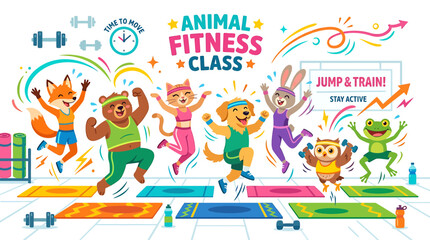 Fototapeta premium Cute Animals Fitness Class Jumping and Exercising Together, Fun Activity