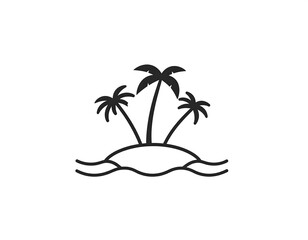 Obraz premium Black graphic of three palm trees on an island surrounded by stylized waves against a clean white backdrop