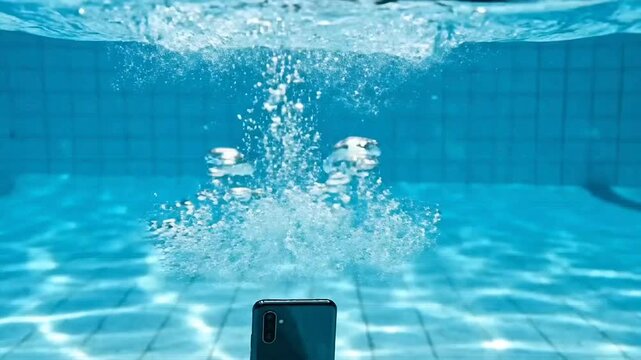 Smartphone Dropping into Water with Splash and Bubbles