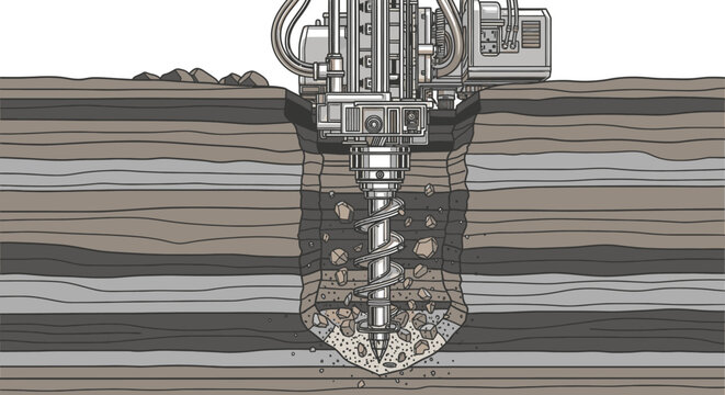 Drilling machine digging into earth ground.